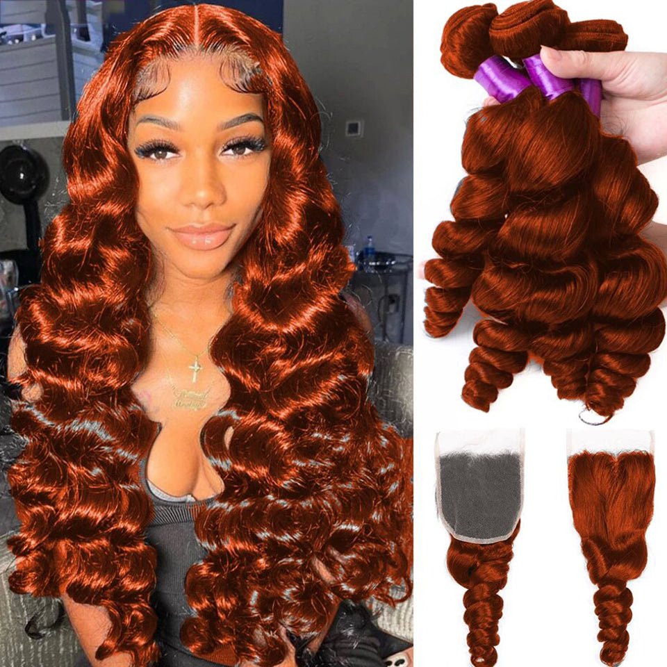 #350 Ginger Orange Loose Wave 4 Bundles With 4X4 Lace Closure 100% Remy Human Hair - Perismoda Hair